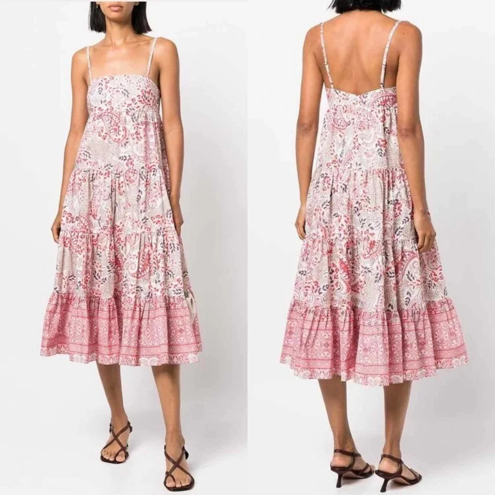 Cara Cara Haley Midi Dress Paisley Border Ivory Size XS